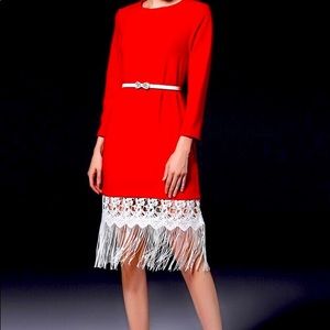 Red Long Sleeve Dress with White Lace and Tassel Hem Contrast (belt no included)